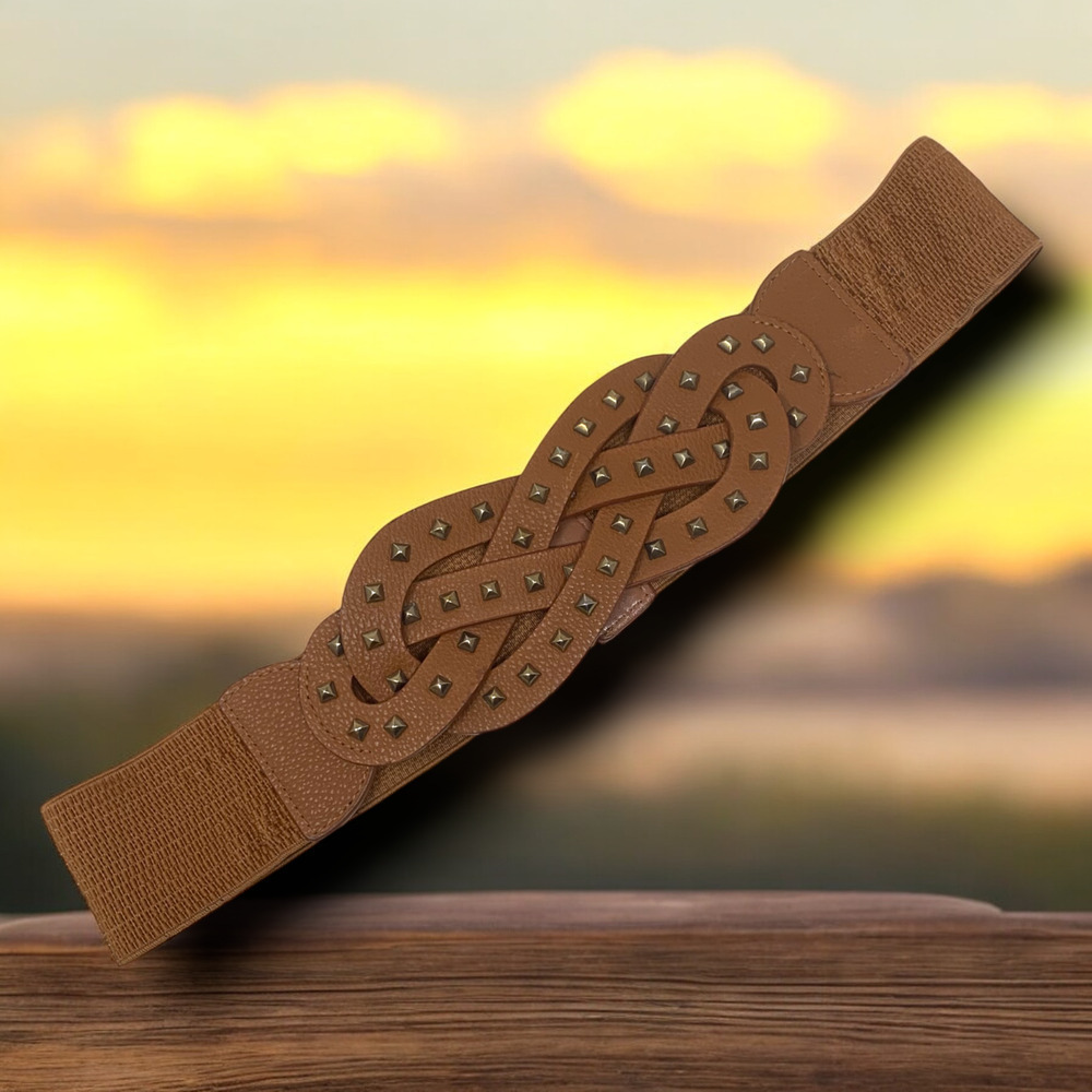 Vintage Y2K Brown Studded Braided Buckle Wide Waist Belt Sz M/L Vegan Leather